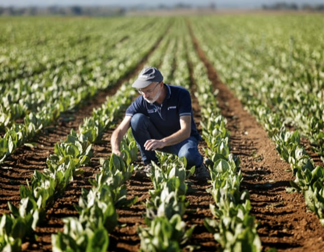 Agricultural technician examining crops using Netafim drip irrigation technology